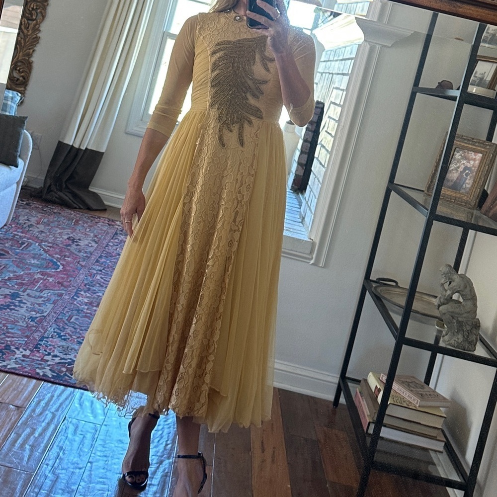 Elegant Gold and Yellow Embroidered Lace Dress